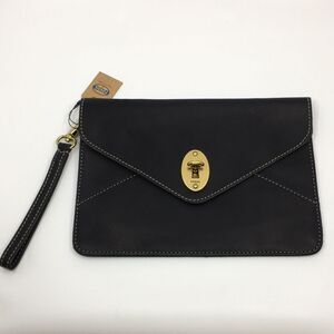 NWT Fossil Austin Clutch Black Leather Brass Hardware Removeavke Wristlet Strap